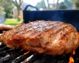 Gigot d'agneau au barbecue, grillé à la perfection, avec des herbes aromatiques et des marques de grill. La viande est juteuse et dorée, prête à être dégustée.