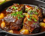 Quatre morceaux de joue de bœuf braisée, nappés d'une sauce riche et garnie de persil frais, mijotent dans une poêle en fonte avec des oignons caramélisés.