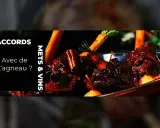 Gigot de 7 heures braisé, carottes, épices et poires. Un accord mets & vins parfait pour ce plat savoureux.