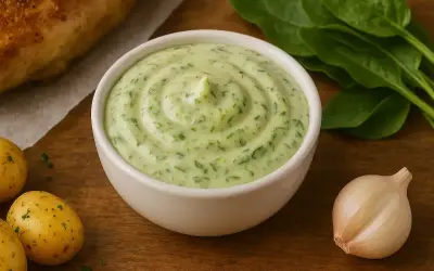 Sauce à l'oseille crémeuse, parsemée d'herbes fraîches, prête à accompagner un plat savoureux.