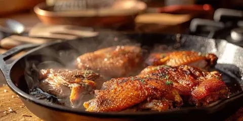 Cuisses de canard confites dorées et croustillantes mijotent dans une poêle en fonte, dégageant une vapeur appétissante.