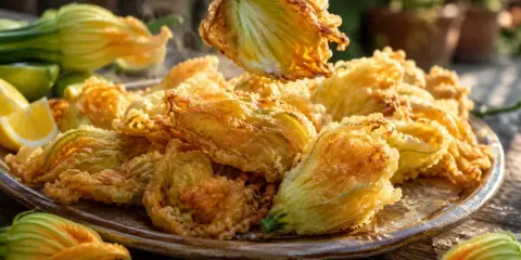 Une assiette de beignets de fleurs de courgettes dorés et croustillants, servis avec des quartiers de citron.