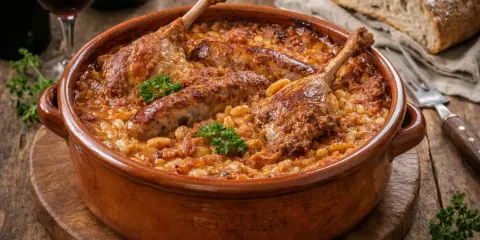Un plat de cassoulet maison réconfortant, avec des confits de canard, des saucisses et des haricots blancs, garni de persil frais.