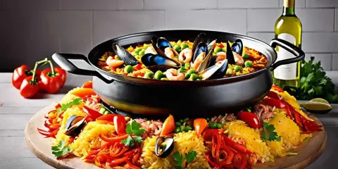 Un plat de paella royale débordant de fruits de mer, de riz jaune, de poivrons et de petits pois, prêt à être dégusté.