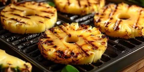 Tranches d'ananas caramélisées sur une plancha, leurs marques de grill ajoutent une touche gourmande. Un délice fruité et chaud.