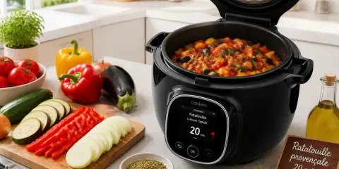 Ratatouille provençale prête en 20 minutes dans le Cookeo, avec des légumes frais coupés à côté.