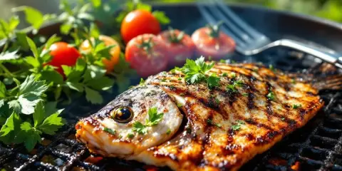 Maquereau grillé sur barbecue Weber, avec tomates et persil. Le temps de cuisson parfait pour un poisson savoureux.