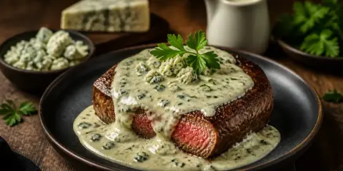 Un steak savoureux nappé d'une sauce maison pour viande crémeuse au bleu, garni de persil frais.