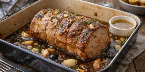 Un rôti de porc au four, doré et juteux, baignant dans son jus avec ail et herbes. Un délice prêt à être dégusté.