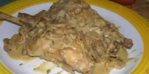 Un plat de lapin à la moutarde, crémeux et savoureux, servi sur une assiette blanche bordée de jaune.