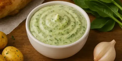 Sauce à l'oseille crémeuse, parsemée d'herbes fraîches, prête à accompagner un plat savoureux.