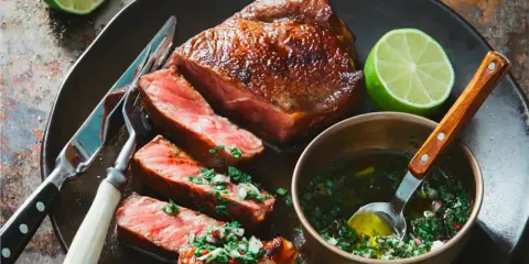 Un steak de bœuf juteux, tranché et garni d'une sauce pour viande de bœuf fraîche et vibrante, accompagné de quartiers de citron vert.