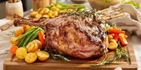 Gigantesque cuisse d'agneau rôtie, servie avec des pommes de terre, des carottes et des haricots verts sur une planche en bois. Un plat de fête savoureux.