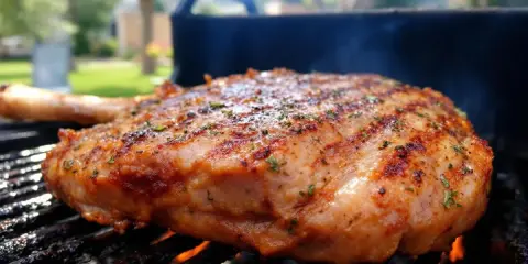 Gigot d'agneau au barbecue, grillé à la perfection, avec des herbes aromatiques et des marques de grill. La viande est juteuse et dorée, prête à être dégustée.