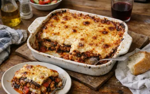 Un plat de moussaka gratinée, prêt à être dégusté. Une invitation à préparer cette recette savoureuse.