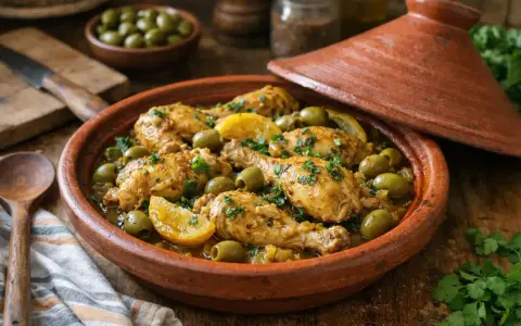 Un savoureux tajine poulet aux olives et citrons confits, garni de persil frais, prêt à être dégusté.