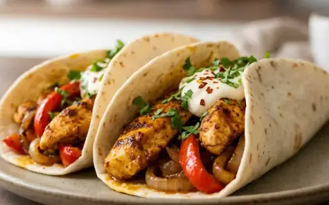 Trois fajitas poulet garnies de poulet grillé, poivrons, oignons, crème fraîche et coriandre. Un délice !
