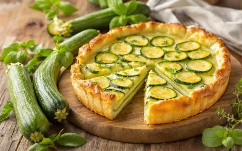 Une délicieuse tarte courgette, garnie de rondelles de courgettes fraîches et de persil, sur un fond de courgettes entières et de basilic.