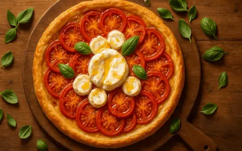 Tarte tomate chèvre, une pâte dorée garnie de rondelles de tomates juteuses et de fromage de chèvre fondant, parsemée de feuilles de basilic frais.
