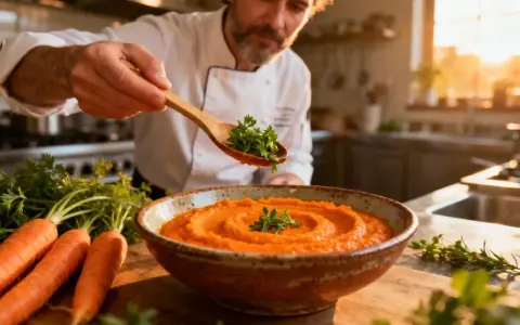 Un chef décore une purée de carotte onctueuse avec des herbes fraîches. Des carottes crues sont disposées à côté.
