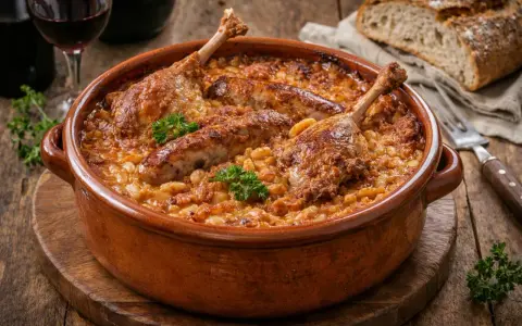 Un plat de cassoulet maison réconfortant, avec des confits de canard, des saucisses et des haricots blancs, garni de persil frais.