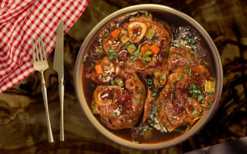 Un plat d'osso bucco mijoté, garni de persil frais, servi avec une serviette à carreaux rouges et blancs et des couverts.
