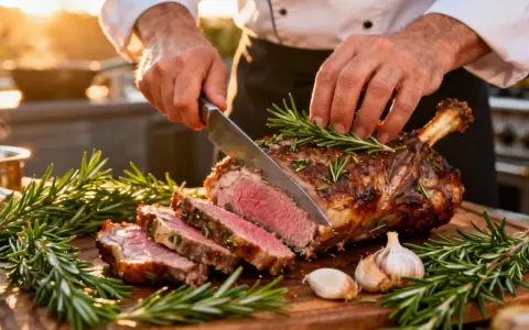 Un chef découpe un gigot d'agneau rôti, garni de romarin et d'ail. Une belle illustration pour une recette gigot agneau.