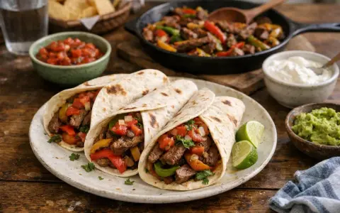 Trois fajitas boeuf garnies de poivrons, tomates et oignons, accompagnées de guacamole, salsa et crème fraîche. Une recette savoureuse !