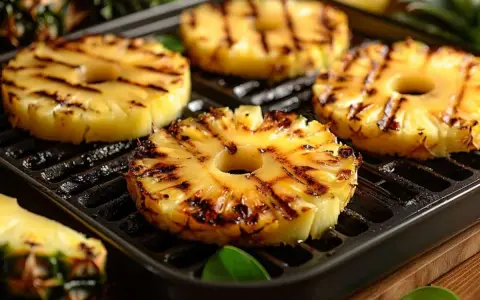 Tranches d'ananas caramélisées sur une plancha, leurs marques de grill ajoutent une touche gourmande. Un délice fruité et chaud.