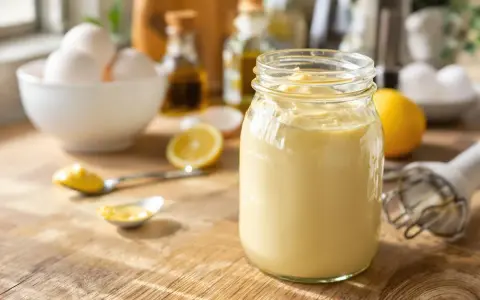 Un pot de mayonnaise maison crémeuse, avec des œufs, du citron et de l'huile sur une table en bois.