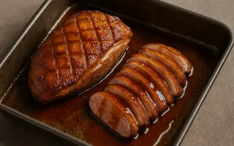 Un magret de canard au four, entier et tranché, baignant dans sa sauce caramélisée. Un délice croustillant et fondant.
