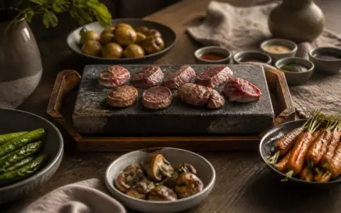 Viandes sur pierre chaude, accompagnées de pommes de terre, carottes, champignons et haricots verts. Quelle sauce pour une pierrade ? Plusieurs petits ramequins de sauces sont disposés.