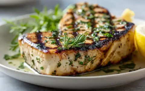 Un épais morceau d'espadon grillé, garni d'herbes fraîches et d'un quartier de citron, sur une assiette blanche.