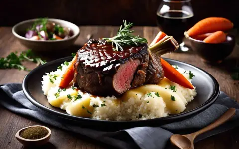 Un succulent jarret de boeuf, nappé de sauce, servi sur une purée onctueuse, accompagné de carottes et d'une touche de romarin.