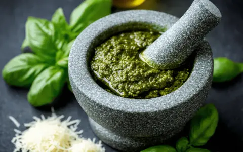 Mortier en pierre rempli de pesto maison, avec du basilic frais et du parmesan râpé à proximité.