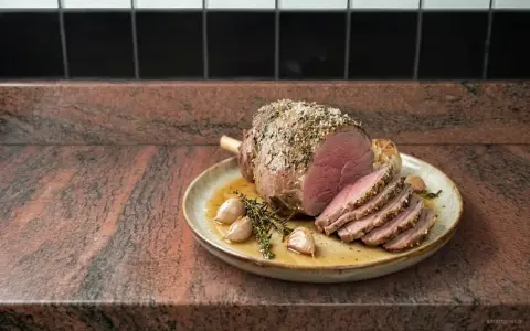 Un délicieux roti d'agneau au four, tranché et servi avec de l'ail rôti et des herbes sur une assiette.