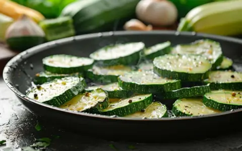 Tranches de courgettes assaisonnées cuisant dans une poêle, prêtes pour une délicieuse recette de courgette à la poêle.