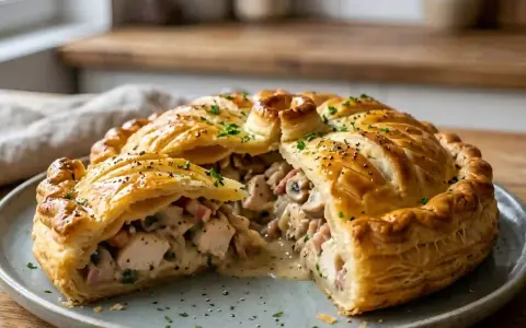 Une tourte au poulet dorée et feuilletée, garnie de poulet, champignons et lardons, prête à être dégustée.
