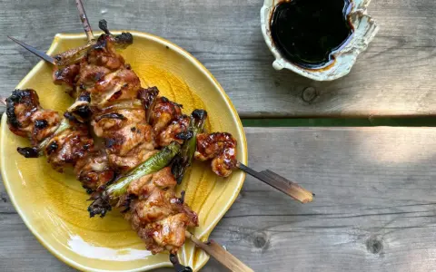 Brochettes yakitori savoureuses, laquées et grillées, servies sur une assiette jaune avec une sauce foncée à côté.