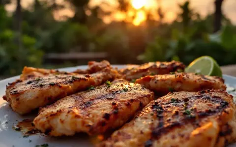 Assiette de poulet boucané grillé, garnie d'herbes et d'une tranche de citron vert, au coucher du soleil.