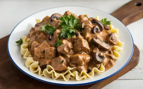 Un plat de boeuf Stroganoff crémeux avec des champignons et des pâtes ondulées, garni de persil frais. Un délice réconfortant.