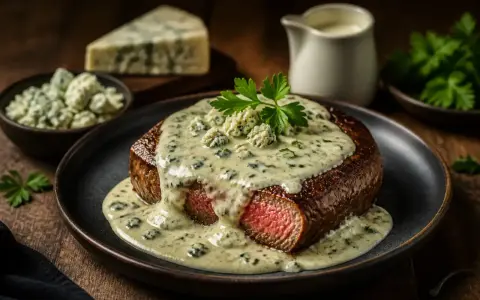 Un steak savoureux nappé d'une sauce maison pour viande crémeuse au bleu, garni de persil frais.
