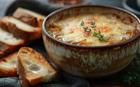 Un bol de soupe à l'oignon gratinée, avec du pain grillé à côté. Une recette réconfortante pour les journées froides.