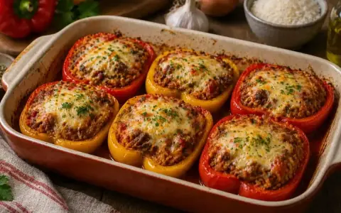 Six poivrons farcis, garnis d'une farce savoureuse et recouverts de fromage fondu, sortent du four dans un plat en céramique.