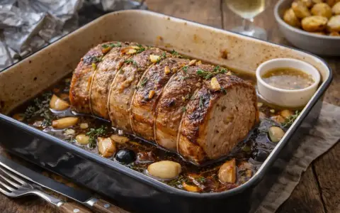 Un rôti de porc au four, doré et juteux, baignant dans son jus avec ail et herbes. Un délice prêt à être dégusté.
