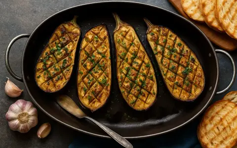 Quatre moitiés d'aubergine au four, grillées et parsemées de persil frais, dans un plat ovale avec de l'ail et des toasts grillés à côté.