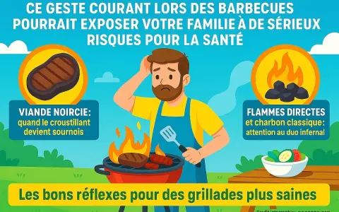 Un homme inquiet prépare un barbecue. La viande noircie et les flammes directes sur le charbon de bois présentent un danger pour la santé.