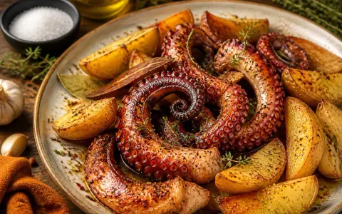 Un plat appétissant de poulpe grillé, aux tentacules enroulés, servi avec des quartiers de pommes de terre dorées et des herbes fraîches.