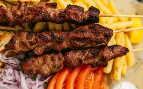 Brochettes de viande grillée, parfaites pour une cuisson indirecte au barbecue, accompagnées de frites, pain pita, tomates et oignons.