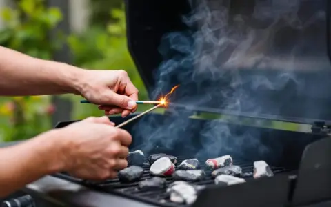 Des mains allument des charbons pour faire un barbecue. La fumée monte, annonçant un bon repas en plein air.